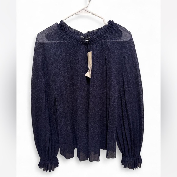 Zara Navy Blue Sheer Pleated Blouse | xL | NWT - Picture 1 of 7